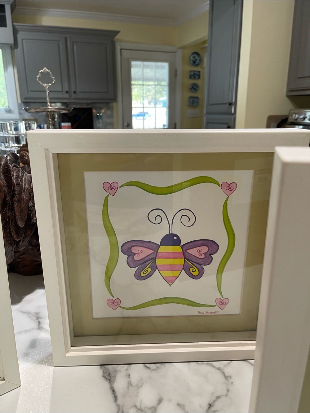 Set of 4 Framed Pink & Purple Love Bugs Wall Art with Green Accents